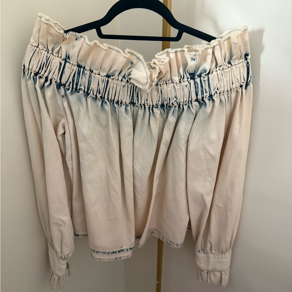 MSGM Cream and Blue Ruffled Top